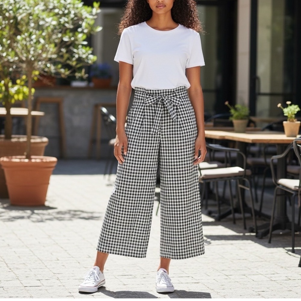 Each x Other Women Gingham Wide Leg Culotte Pants Black White Tie Waist M Goucho